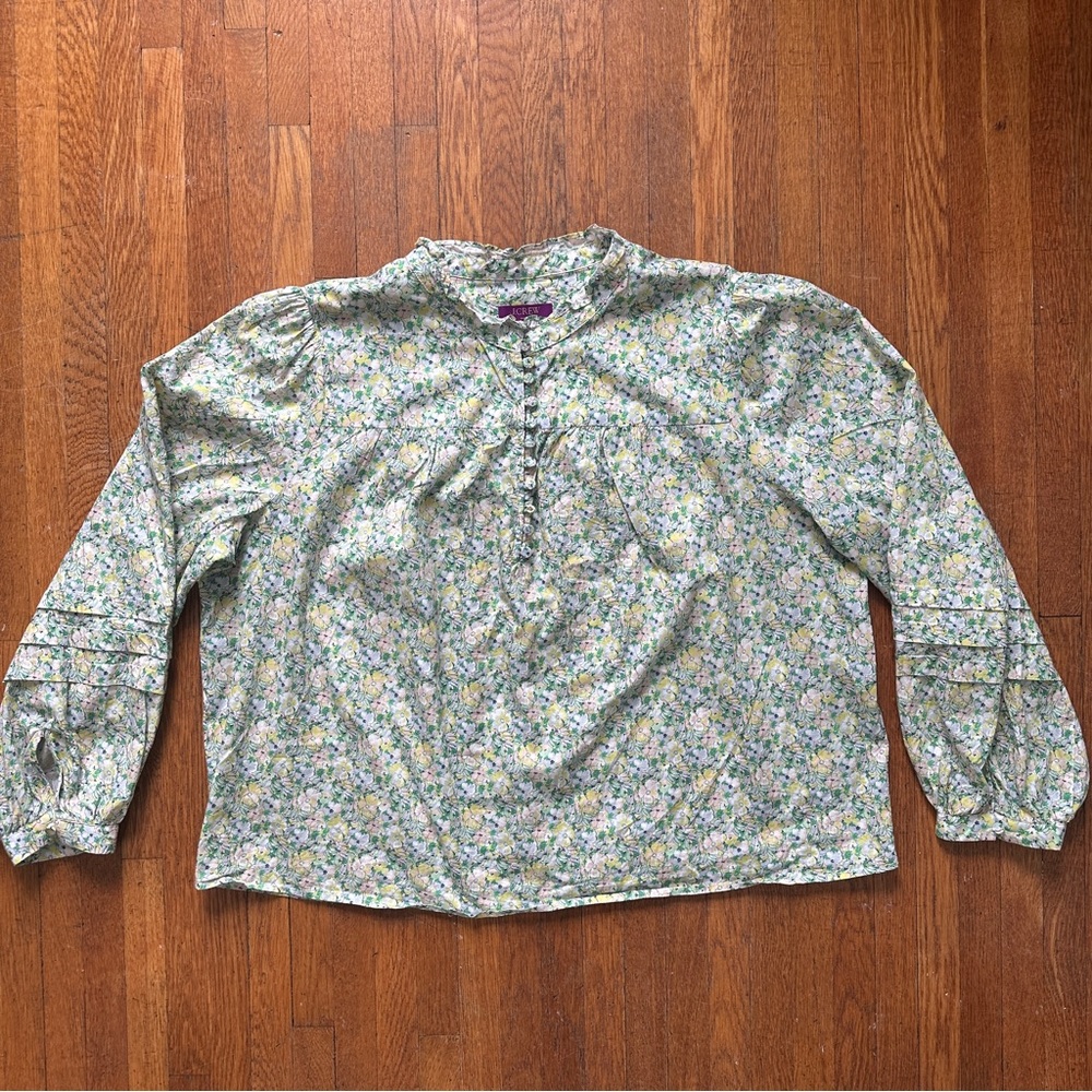 J. Crew Button-Front Ruffleneck Blouse | XL | Liberty Color Fields/Green Floral
